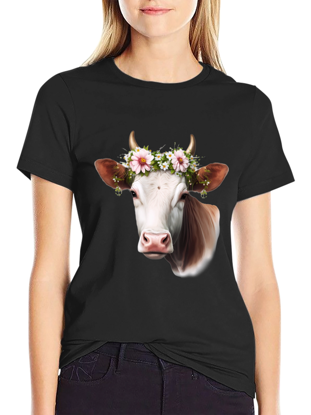 Cow with Flower Crown Graphic T-Shirt