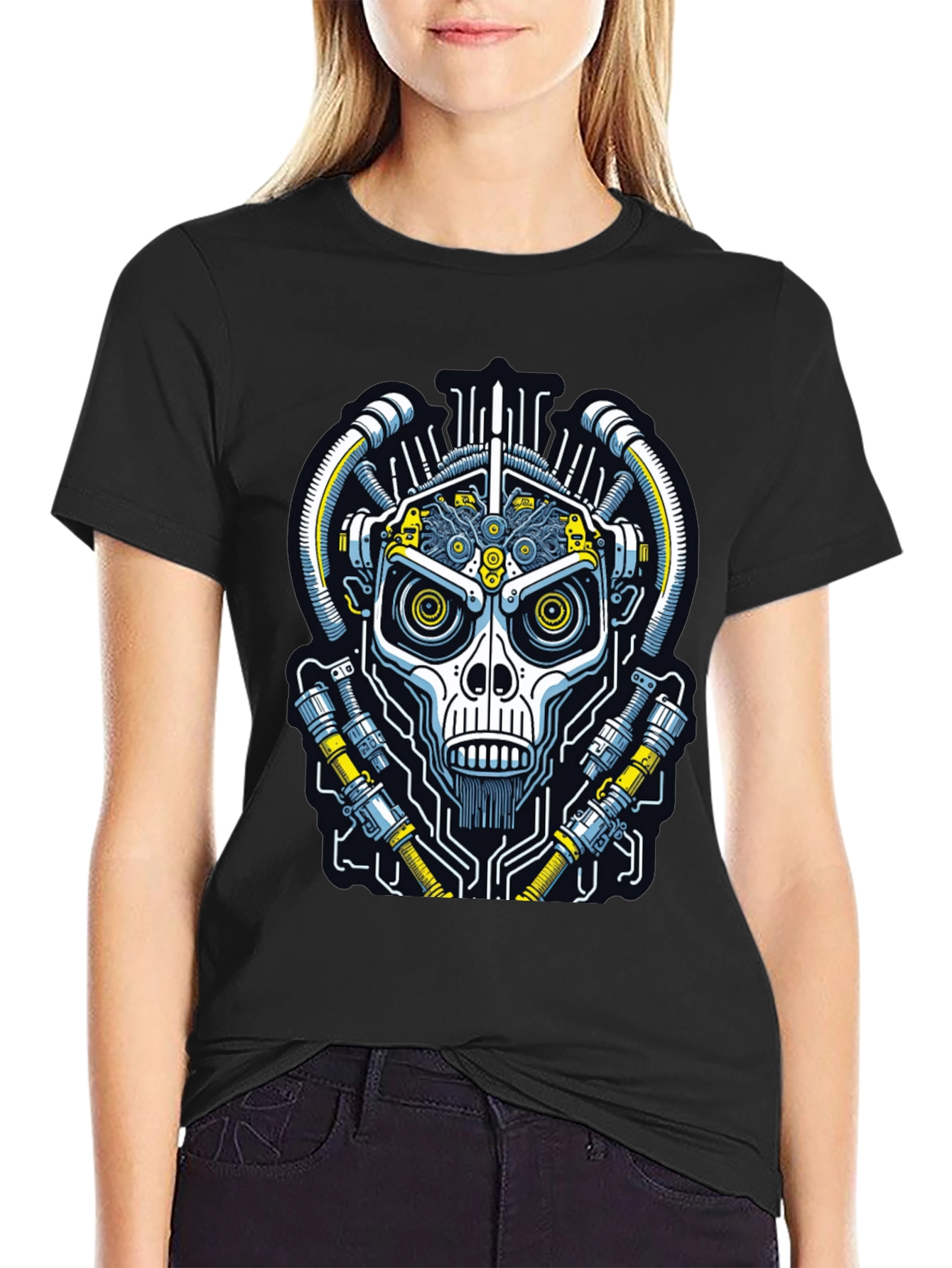 Cyberpunk Skull Graphic Tee - Black Cotton T-Shirt