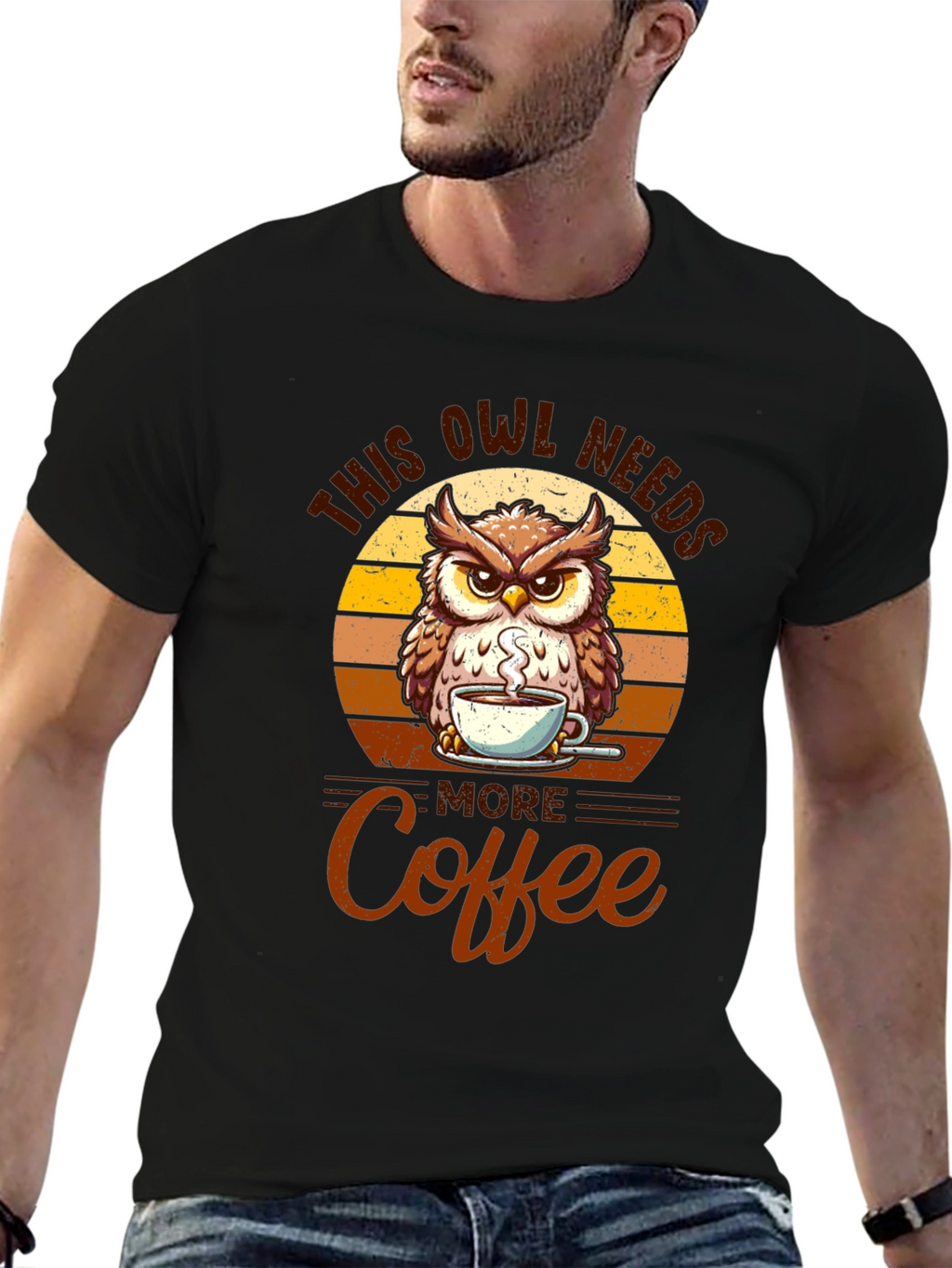 Owl Needs More Coffee Black T-Shirt
