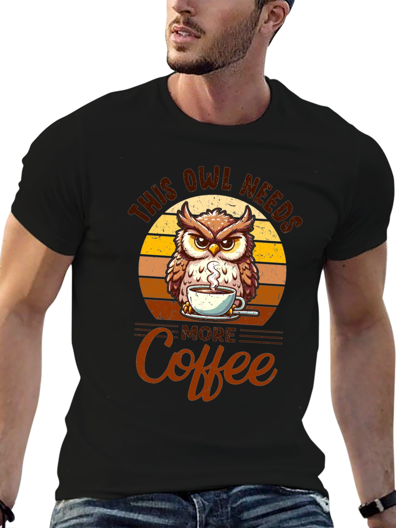 Owl Needs More Coffee Black T-Shirt