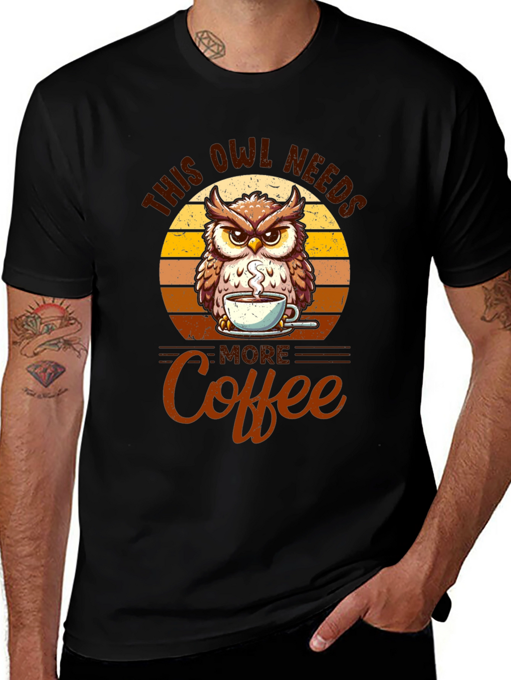 Owl Needs More Coffee Black T-Shirt
