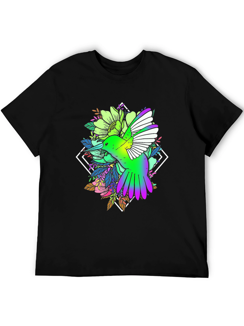 Hummingbird Floral Print Black Tee