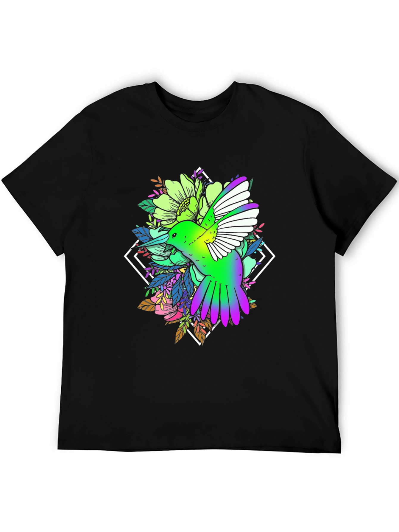 Hummingbird Floral Print Black Tee