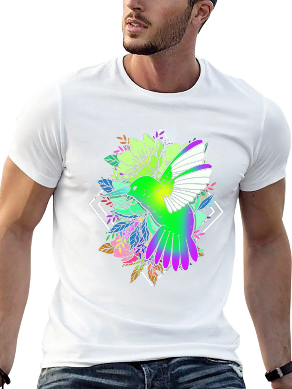 Hummingbird Floral Print Black Tee