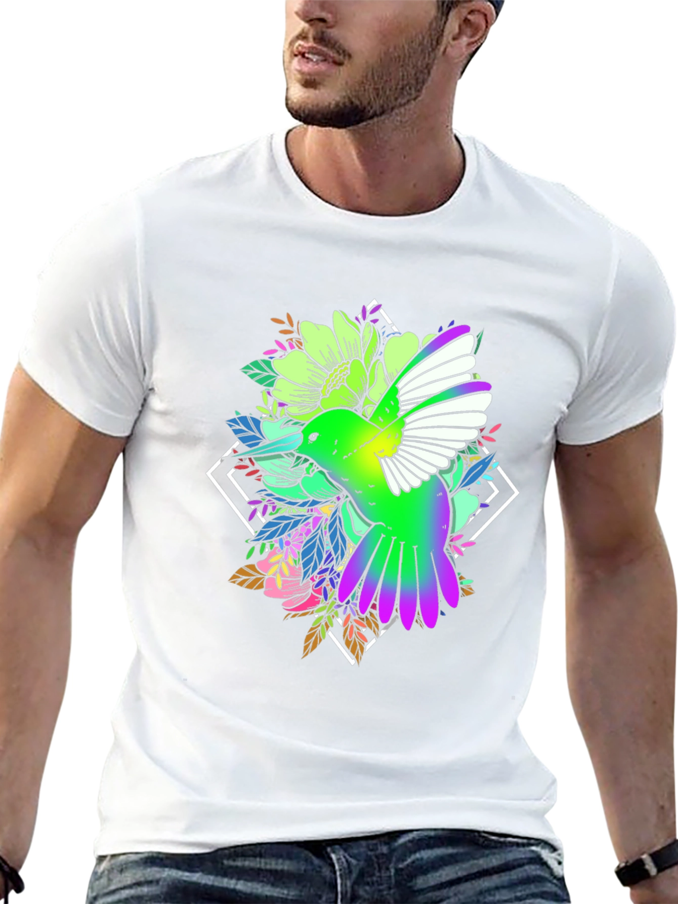 Hummingbird Floral Print Black Tee