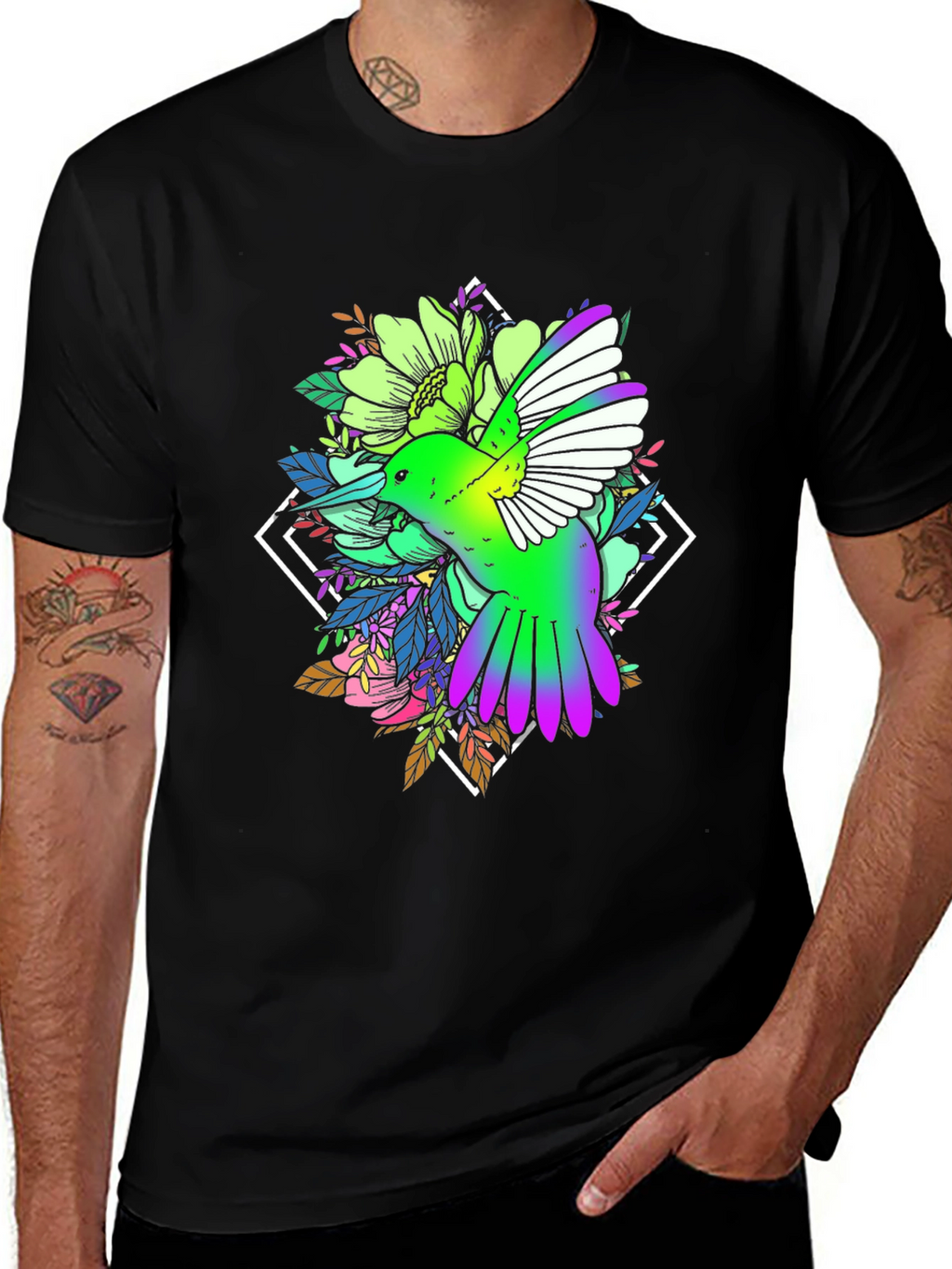 Hummingbird Floral Print Black Tee