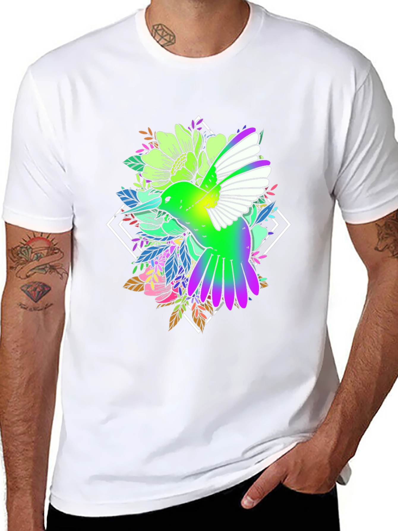 Hummingbird Floral Print Black Tee