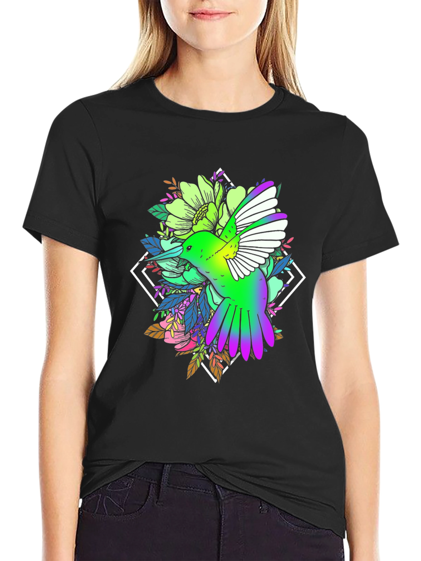 Hummingbird Floral Print Black Tee