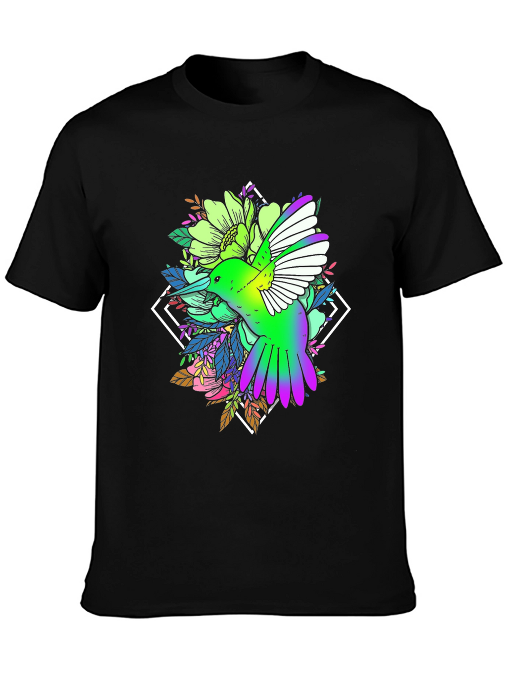 Hummingbird Floral Print Black Tee