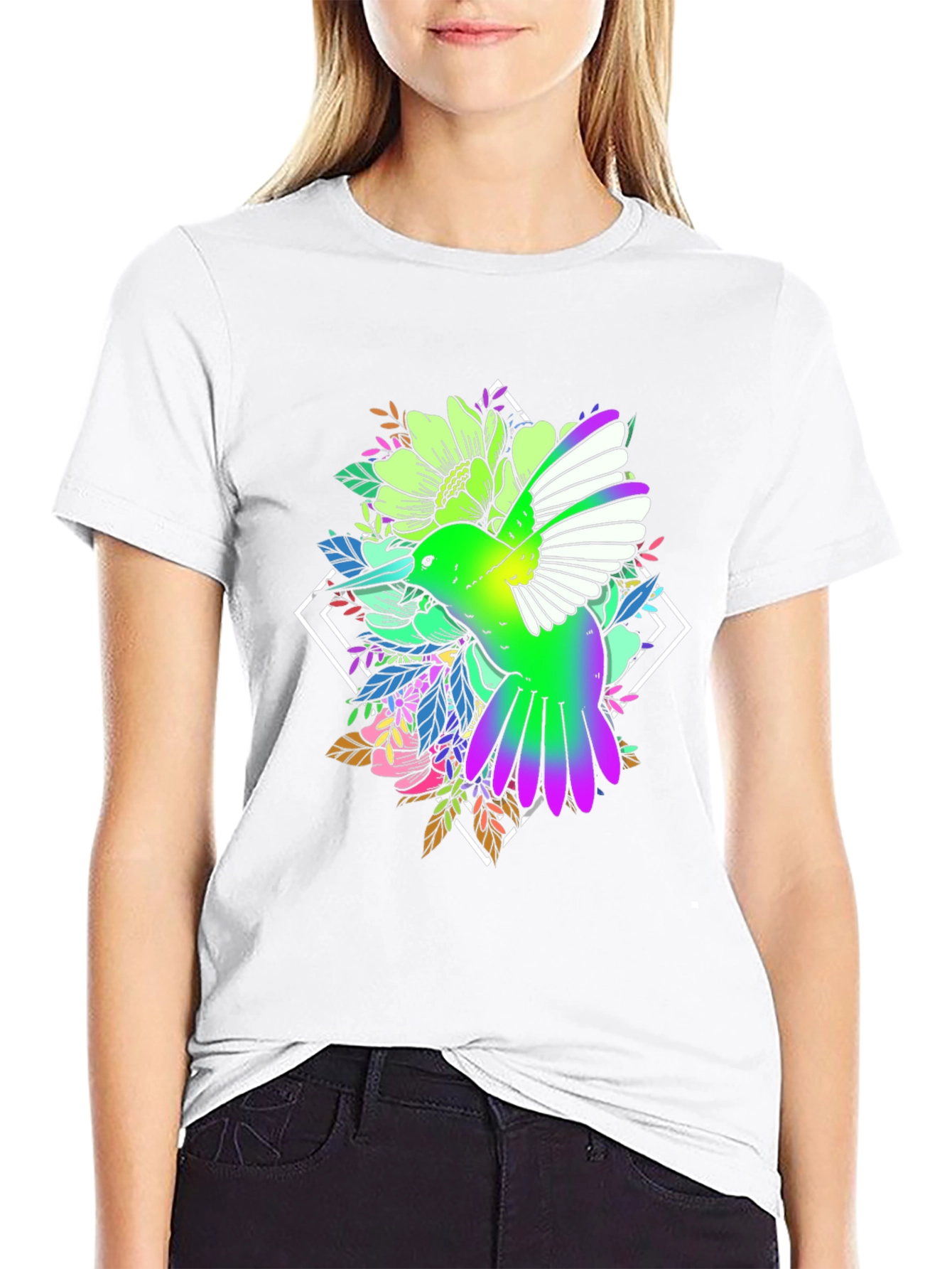 Hummingbird Floral Print Black Tee