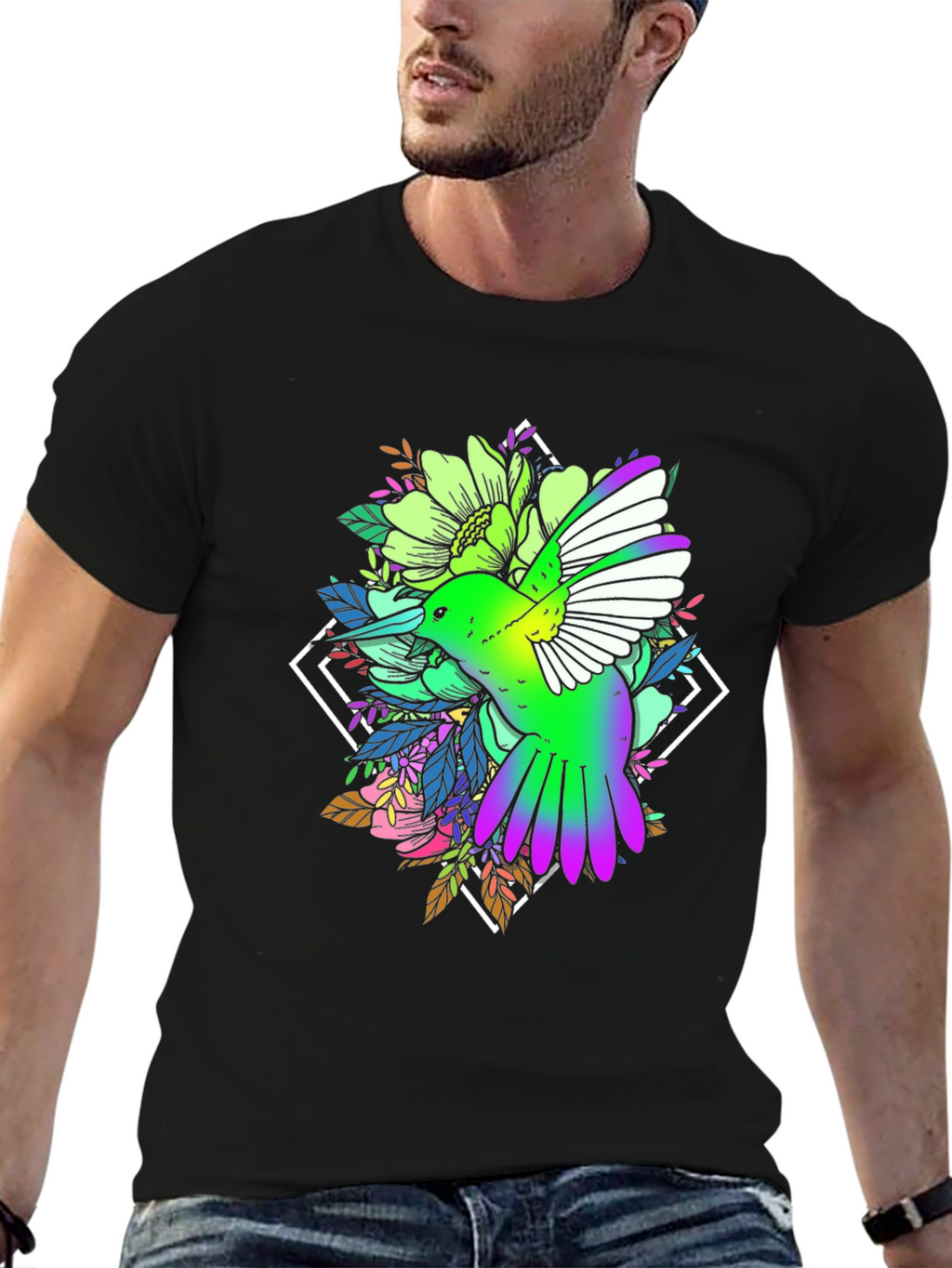 Hummingbird Floral Print Black Tee