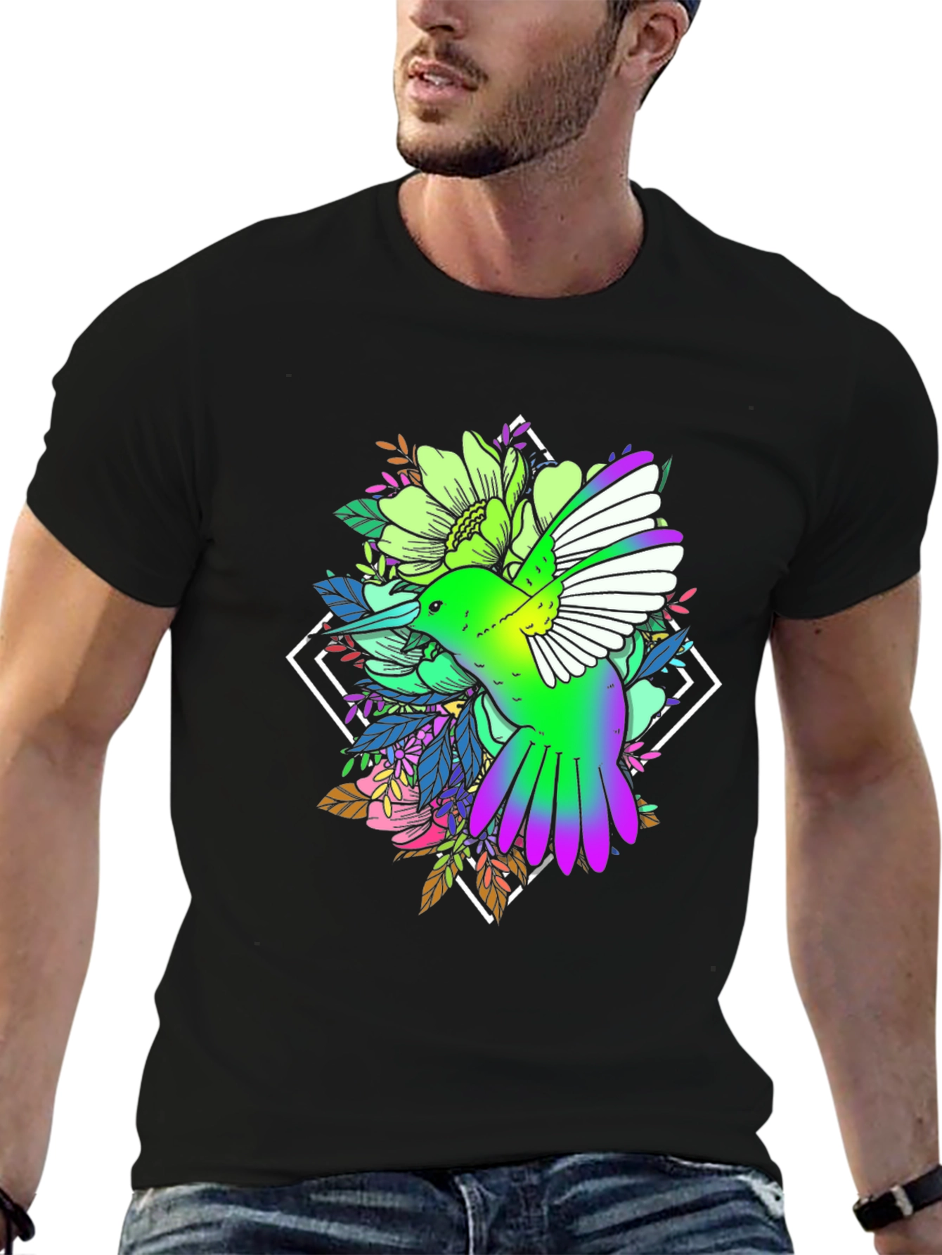 Hummingbird Floral Print Black Tee