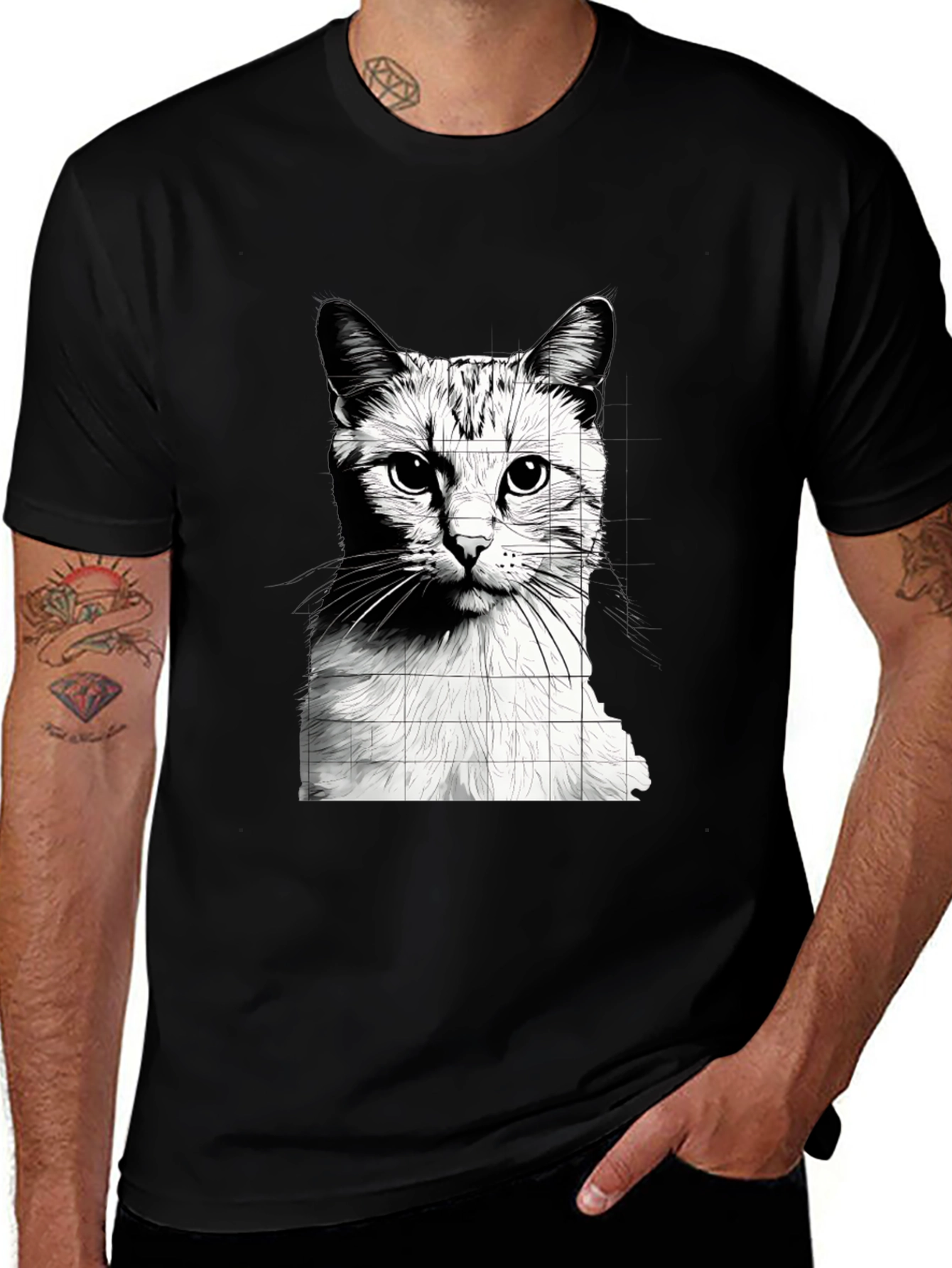 Cat Grid Graphic Tee - Stylish Black T-Shirt