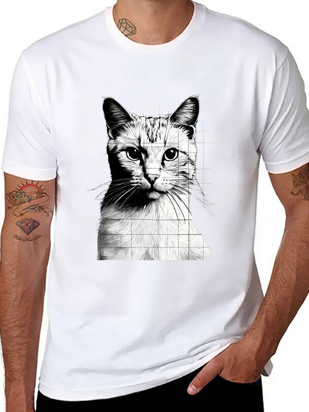 Cat Grid Graphic Tee - Stylish Black T-Shirt