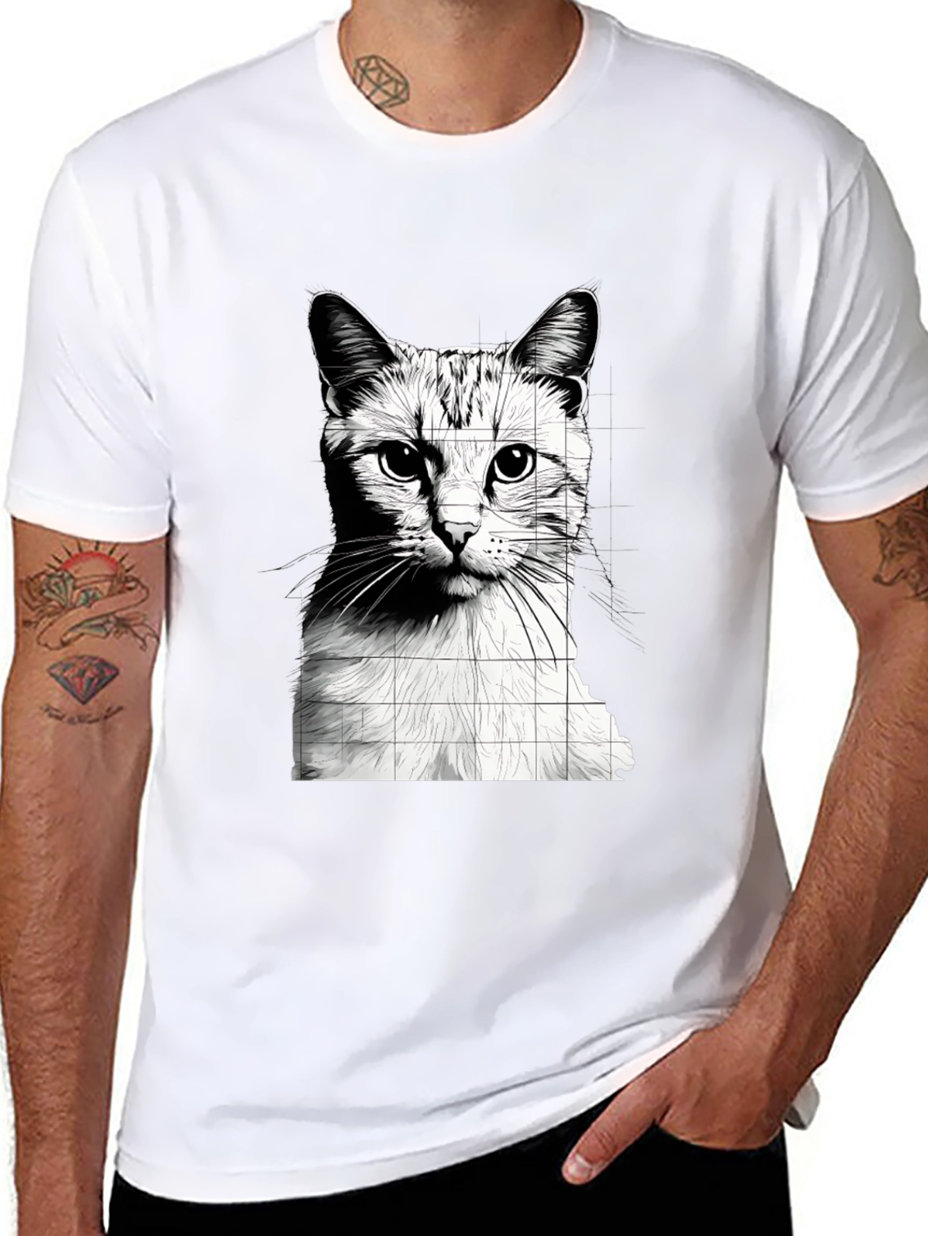Cat Grid Graphic Tee - Stylish Black T-Shirt