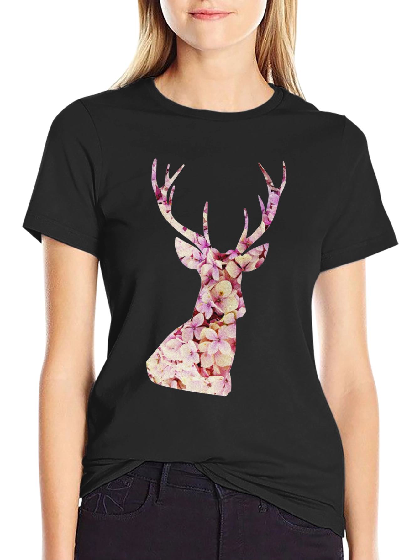 Floral Deer Head Graphic Tee - Trendy Mens Black T-Shirt