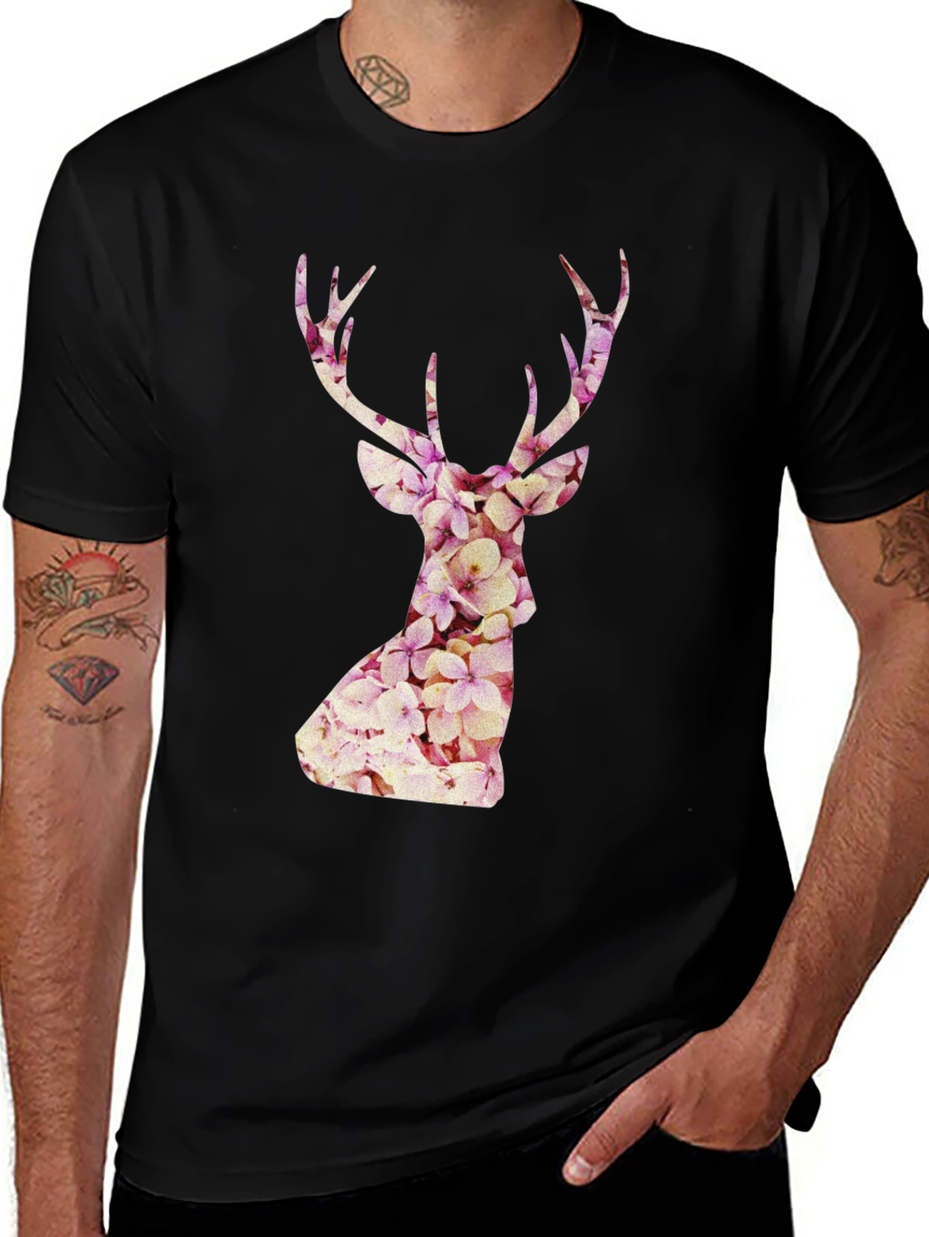 Floral Deer Head Graphic Tee - Trendy Mens Black T-Shirt