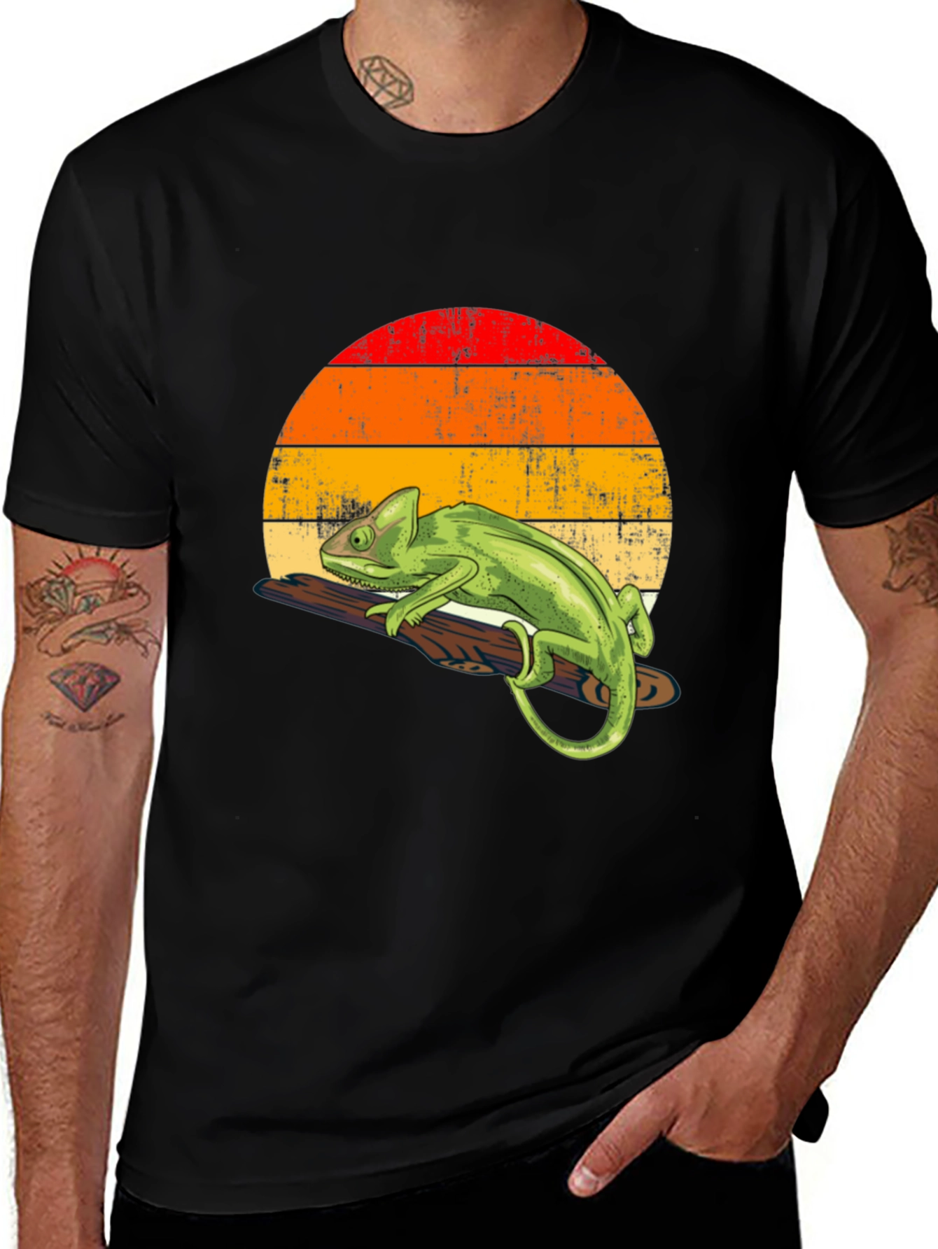 Retro Chameleon Graphic Tee - Cool Lizard Sunset Design