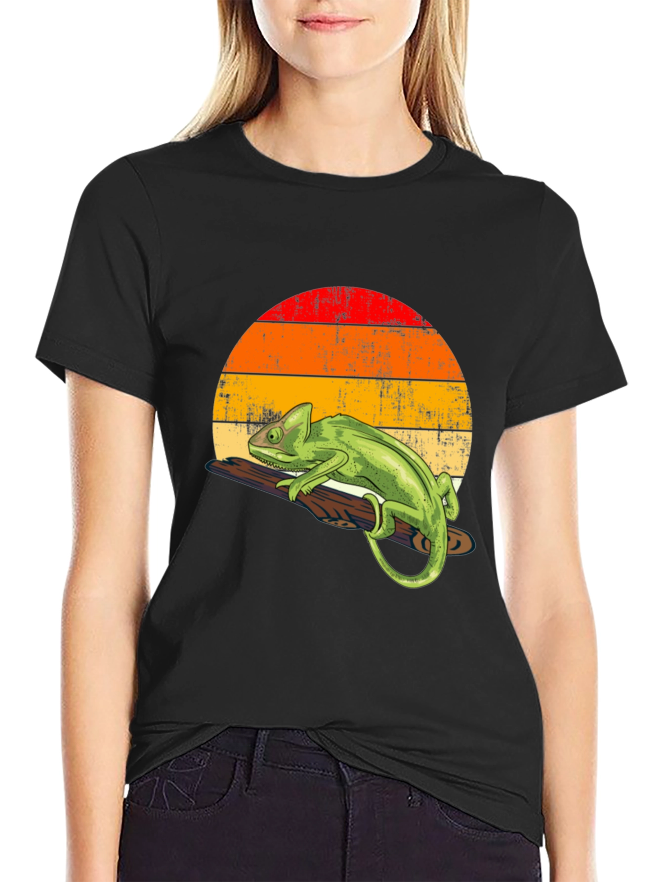 Retro Chameleon Graphic Tee - Cool Lizard Sunset Design