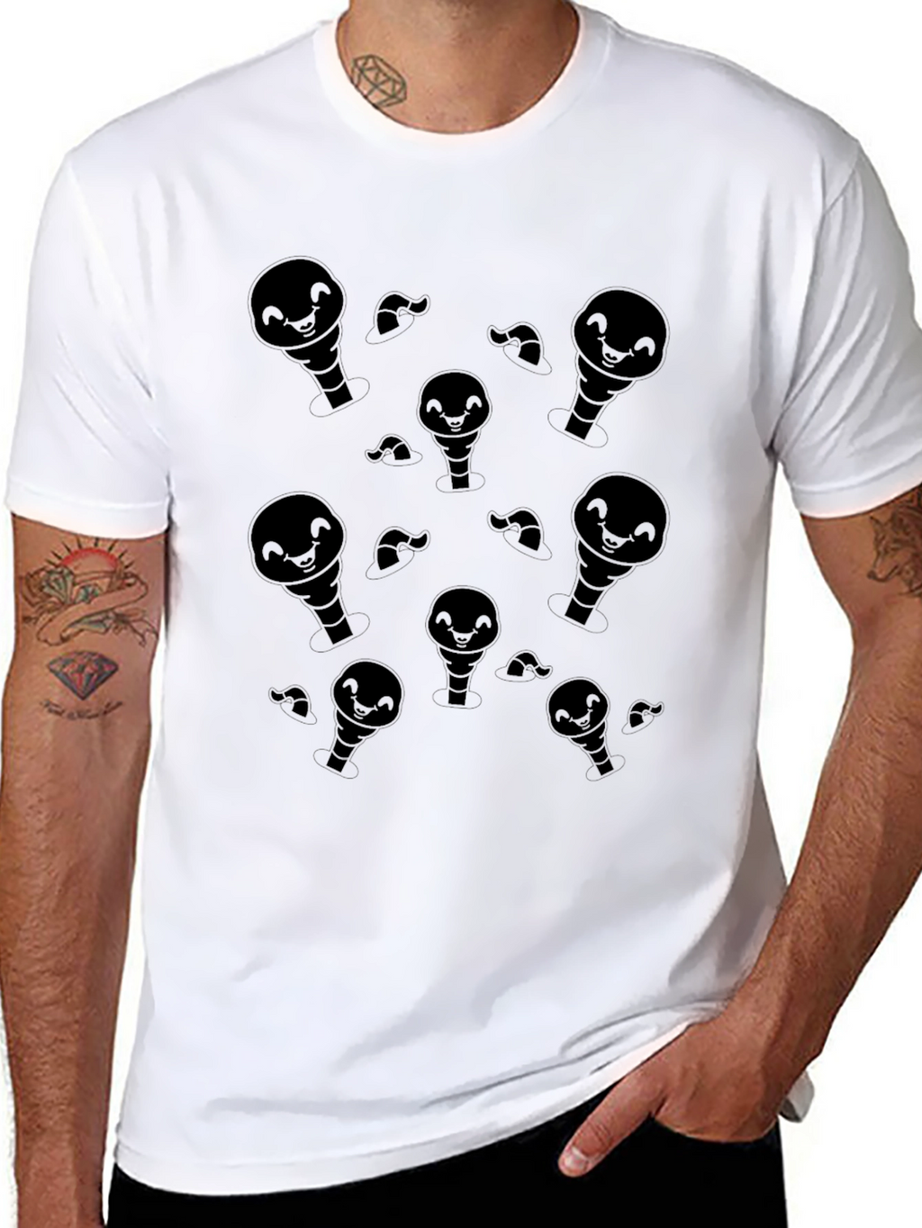Mens Black Cartoon Ghost Pattern T-Shirt