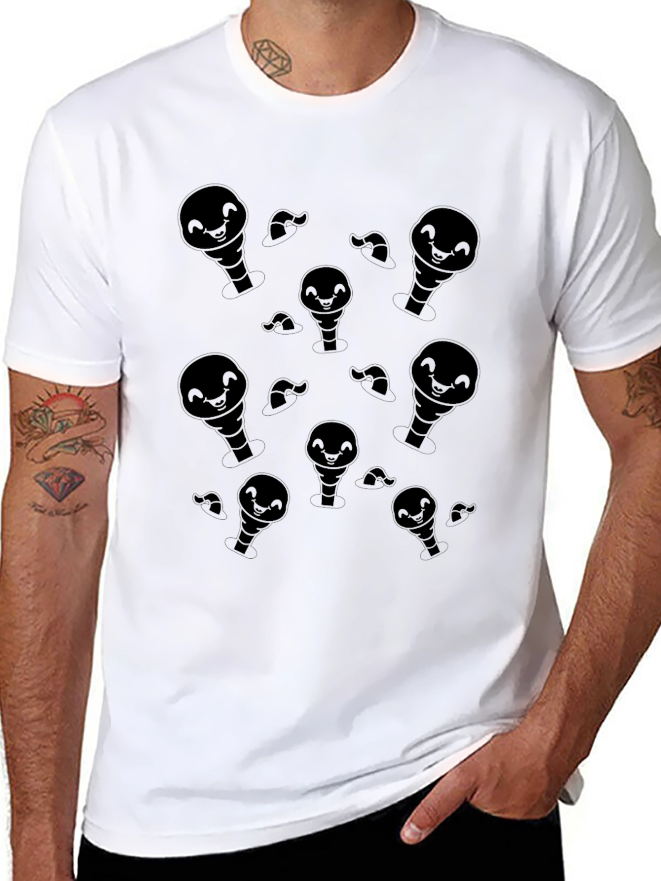 Mens Black Cartoon Ghost Pattern T-Shirt