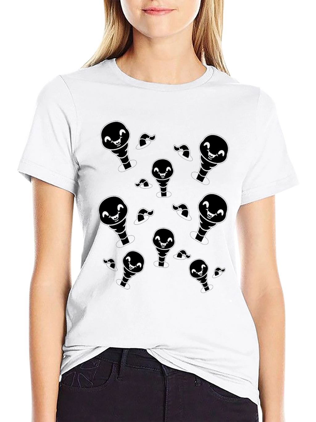 Mens Black Cartoon Ghost Pattern T-Shirt