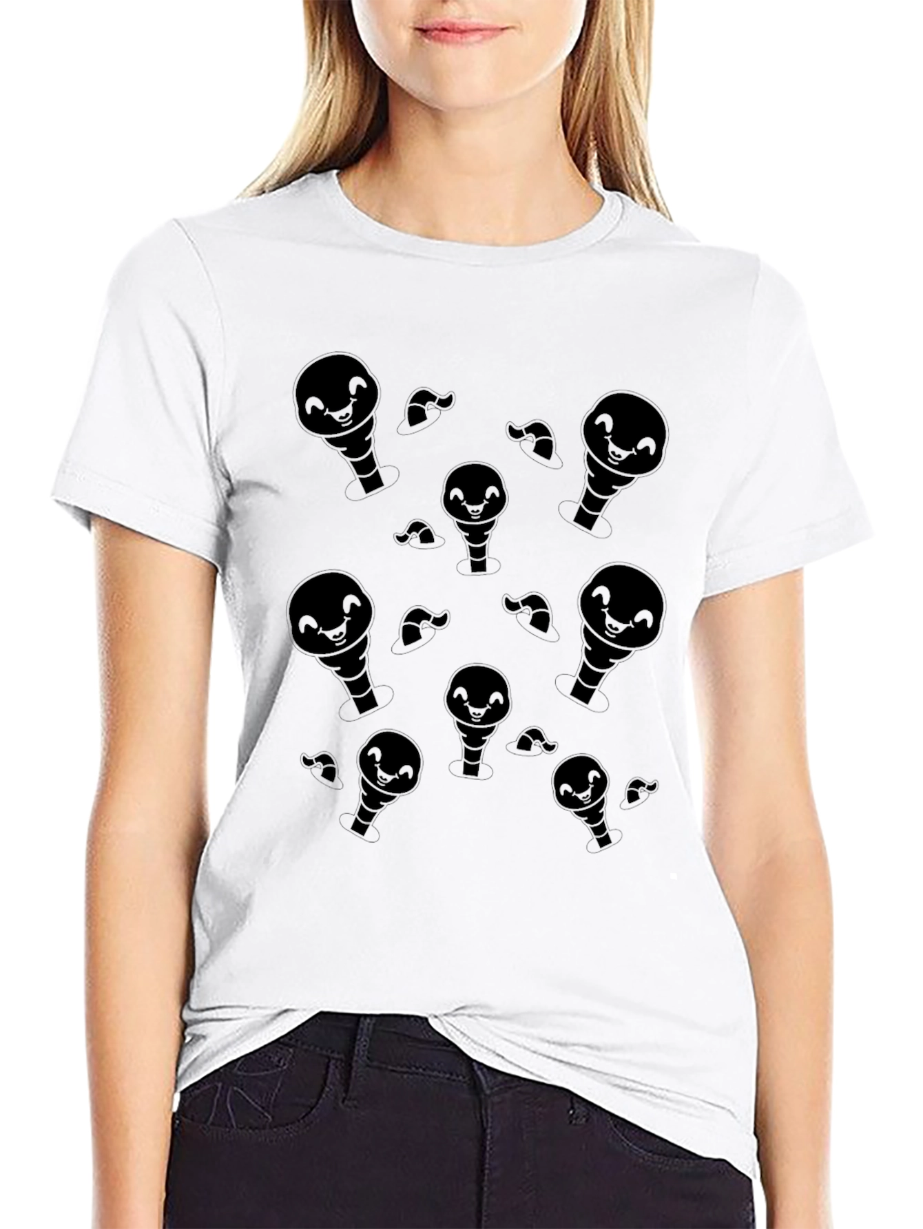 Mens Black Cartoon Ghost Pattern T-Shirt