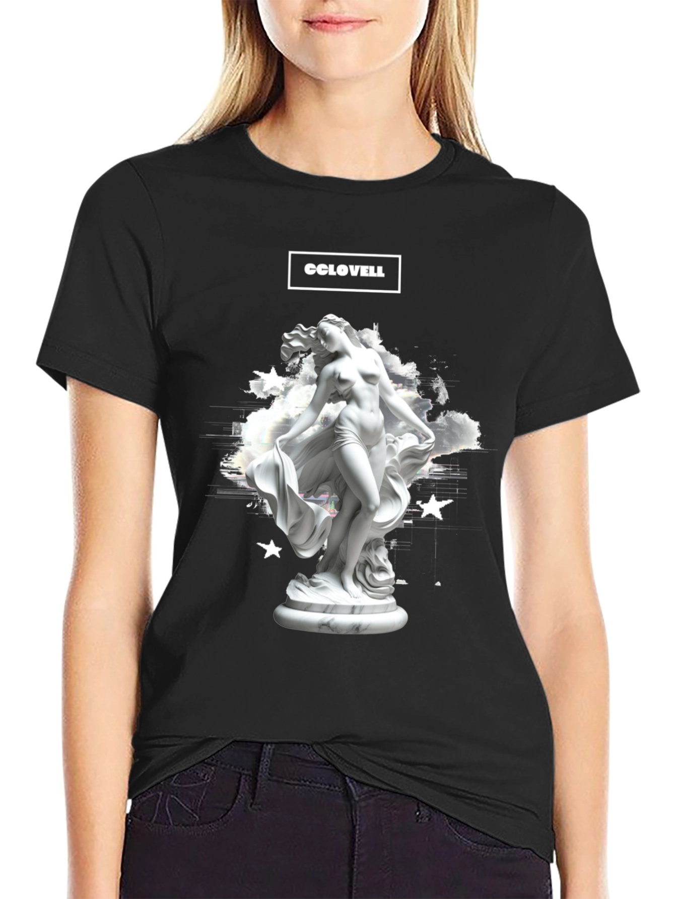CCLOVELL Statue Graphic Tee - Black Cotton Blend Shirt