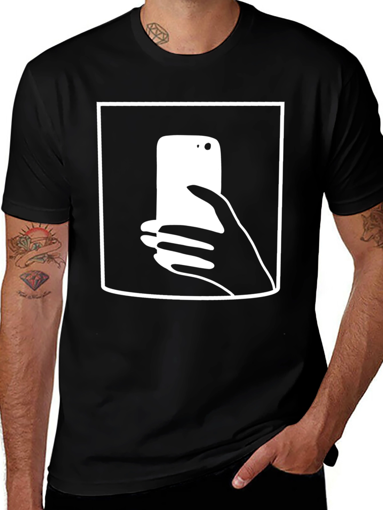 Modern Graphic Tee - Hand Holding Phone