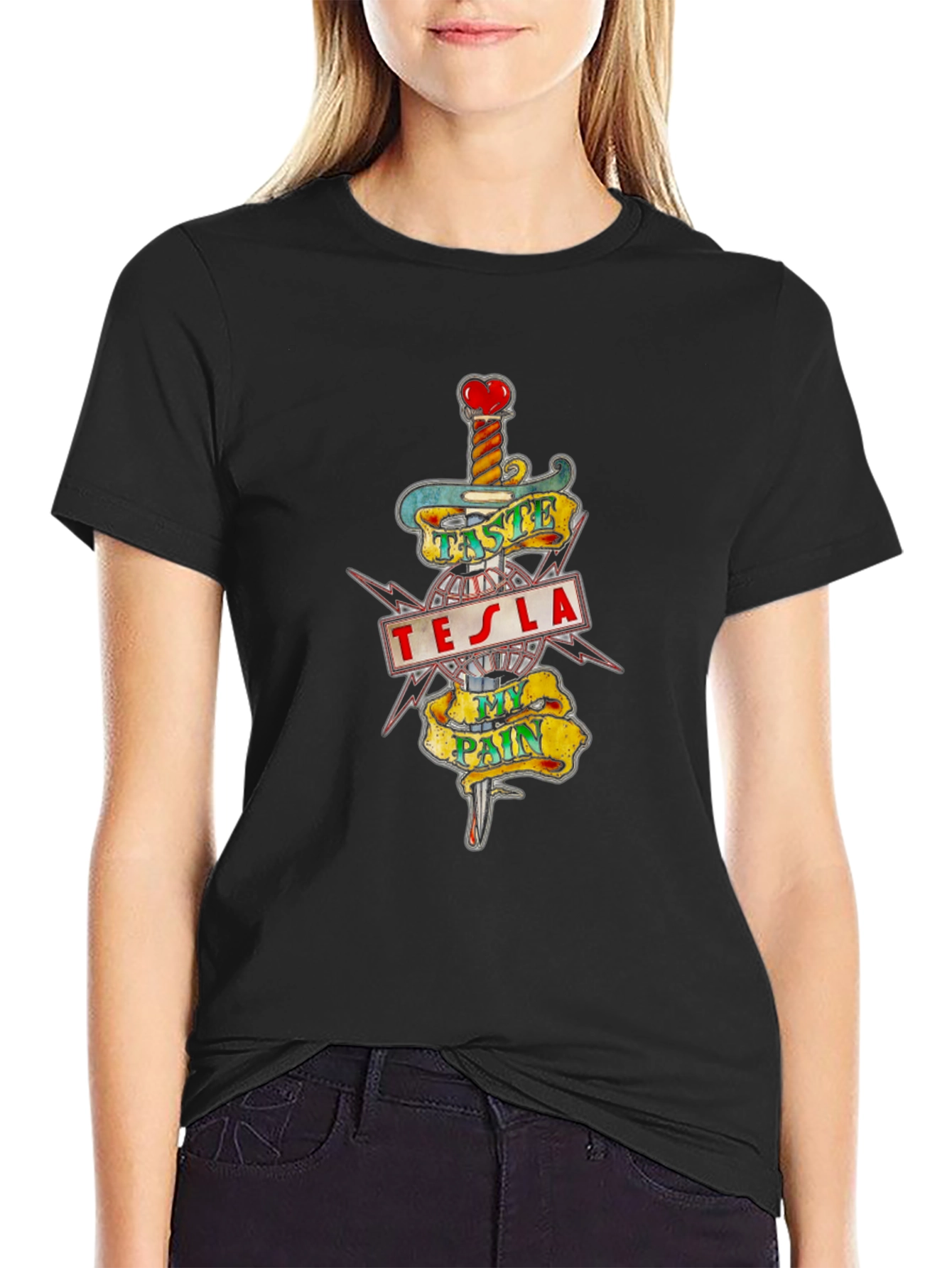 Tesla Taste My Pain Graphic Print Black T-Shirt