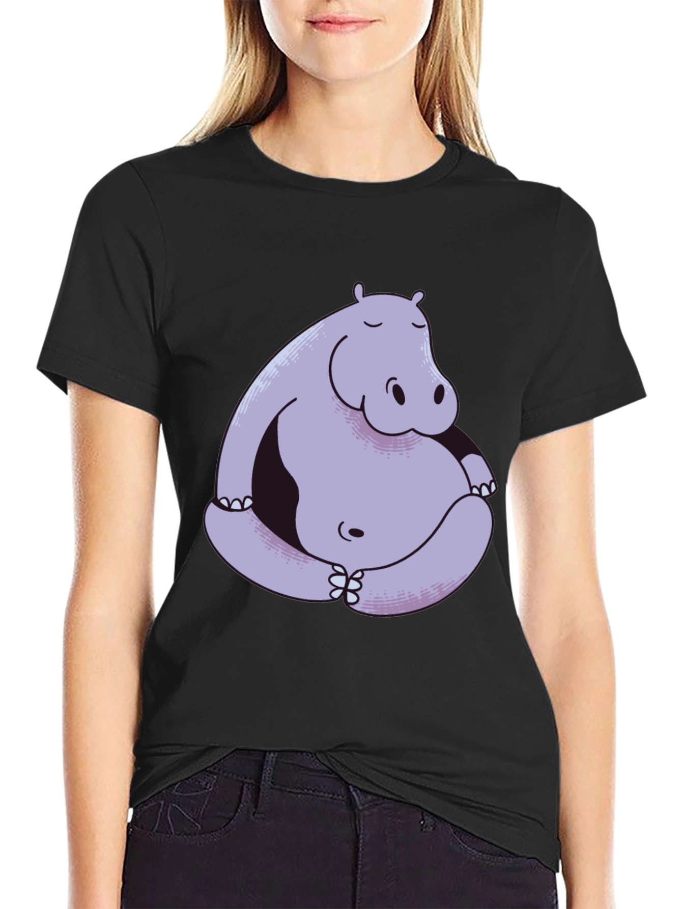 Hippo Meditation Graphic Tee - Black Cotton Comfort