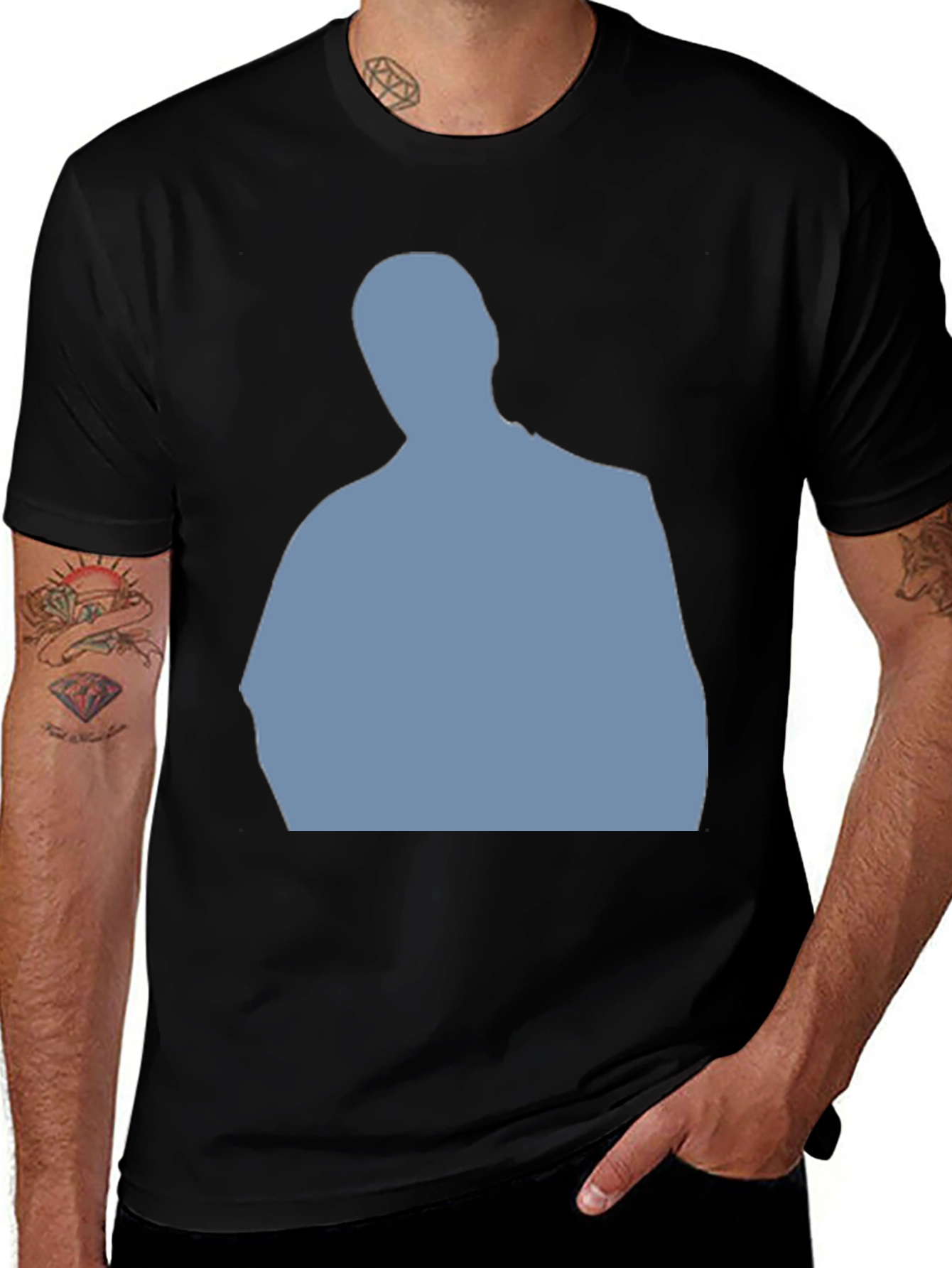 Mens Black T-Shirt with Blue Silhouette Graphic