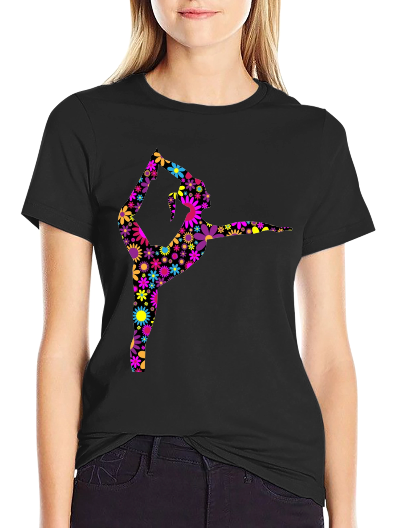 Floral Gymnast Graphic Tee - Artistic Black T-Shirt
