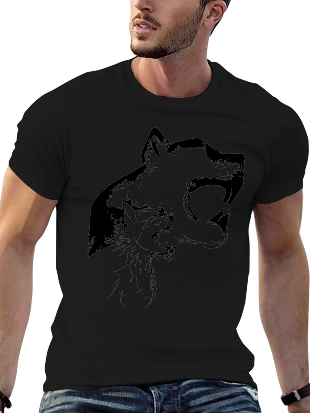 Black T-Shirt with Wolf Graphic