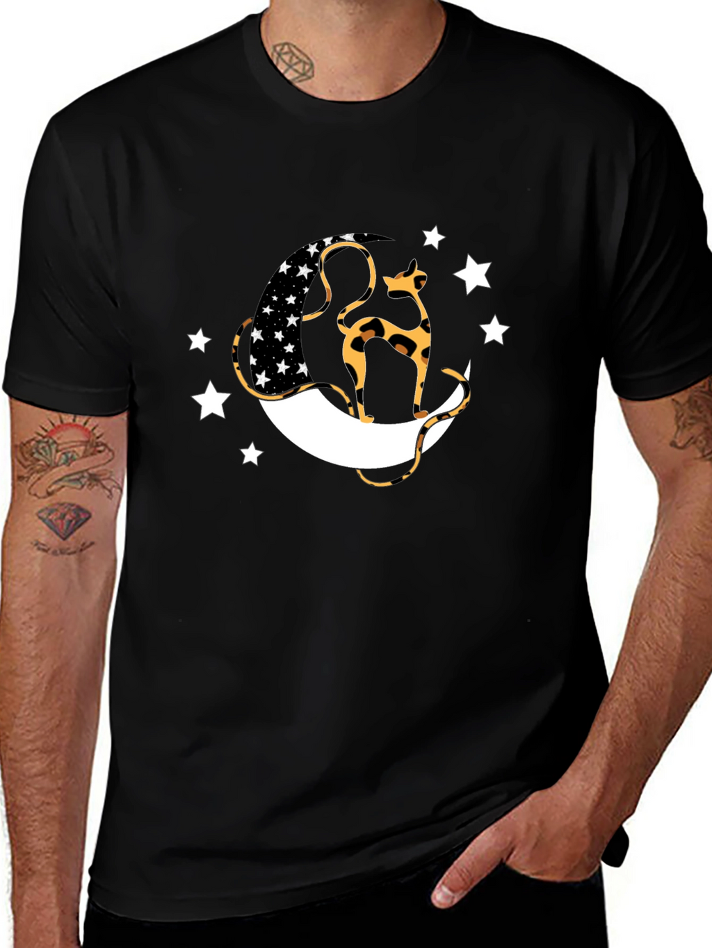 Black T-Shirt with Cat & Moon Design