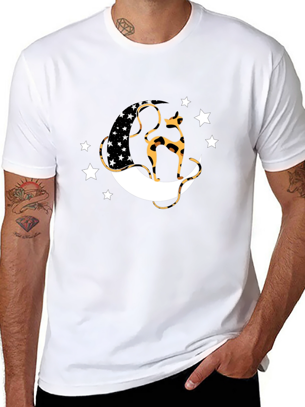 Black T-Shirt with Cat & Moon Design