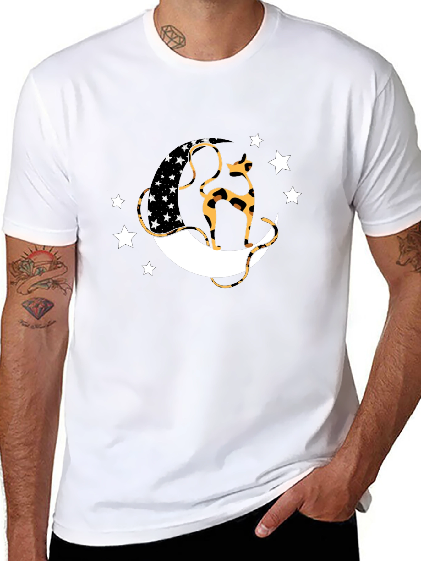 Black T-Shirt with Cat & Moon Design