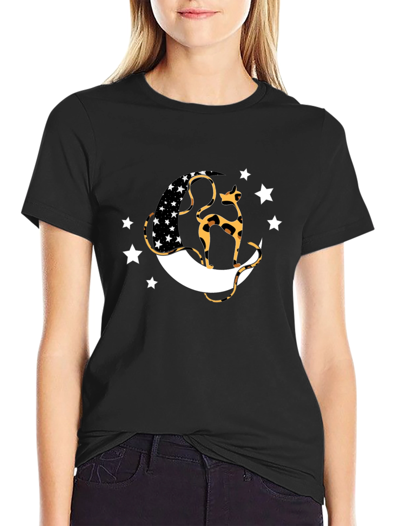 Black T-Shirt with Cat & Moon Design