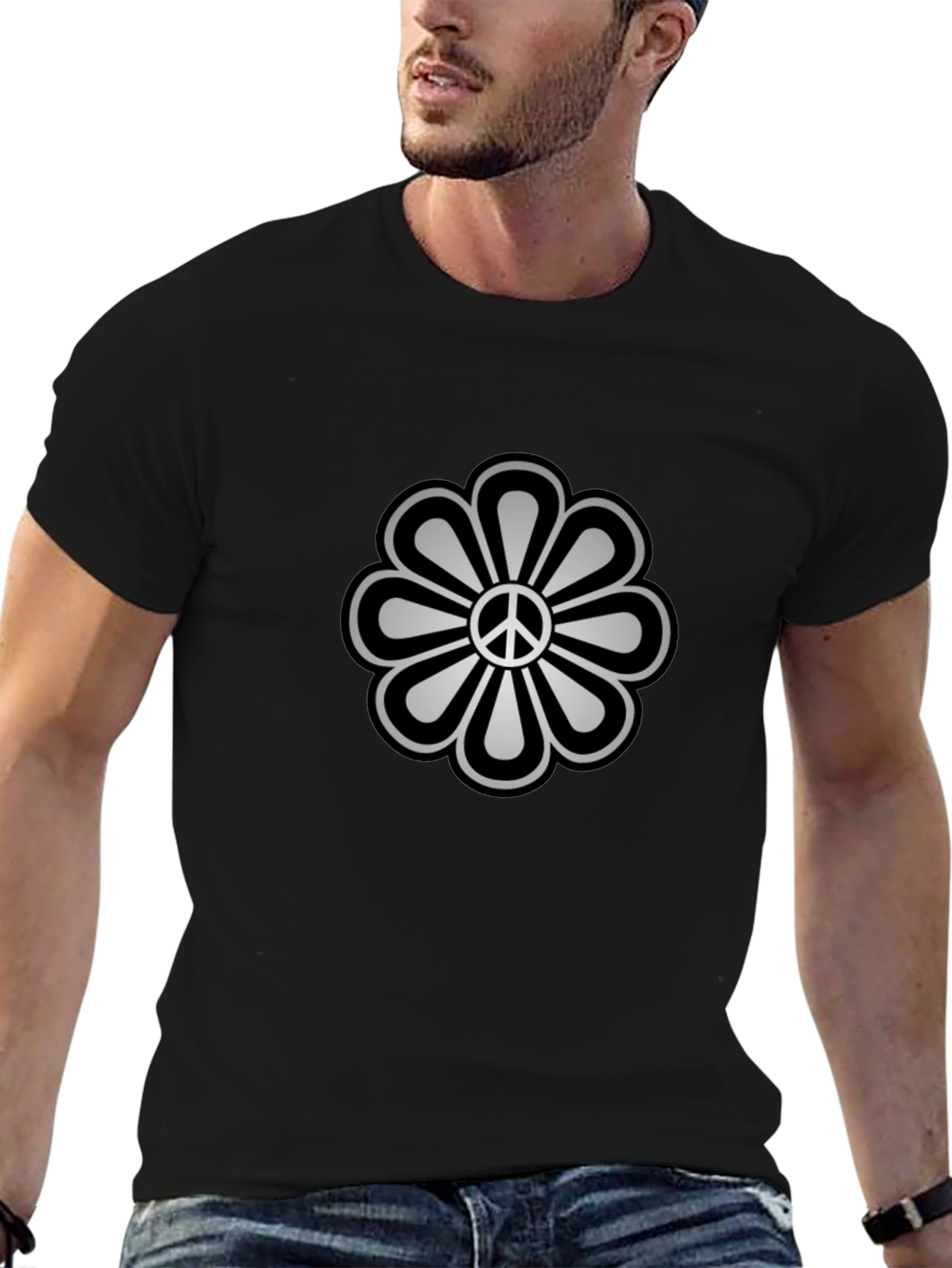 Peace Flower Graphic Tee - Black Cotton Blend