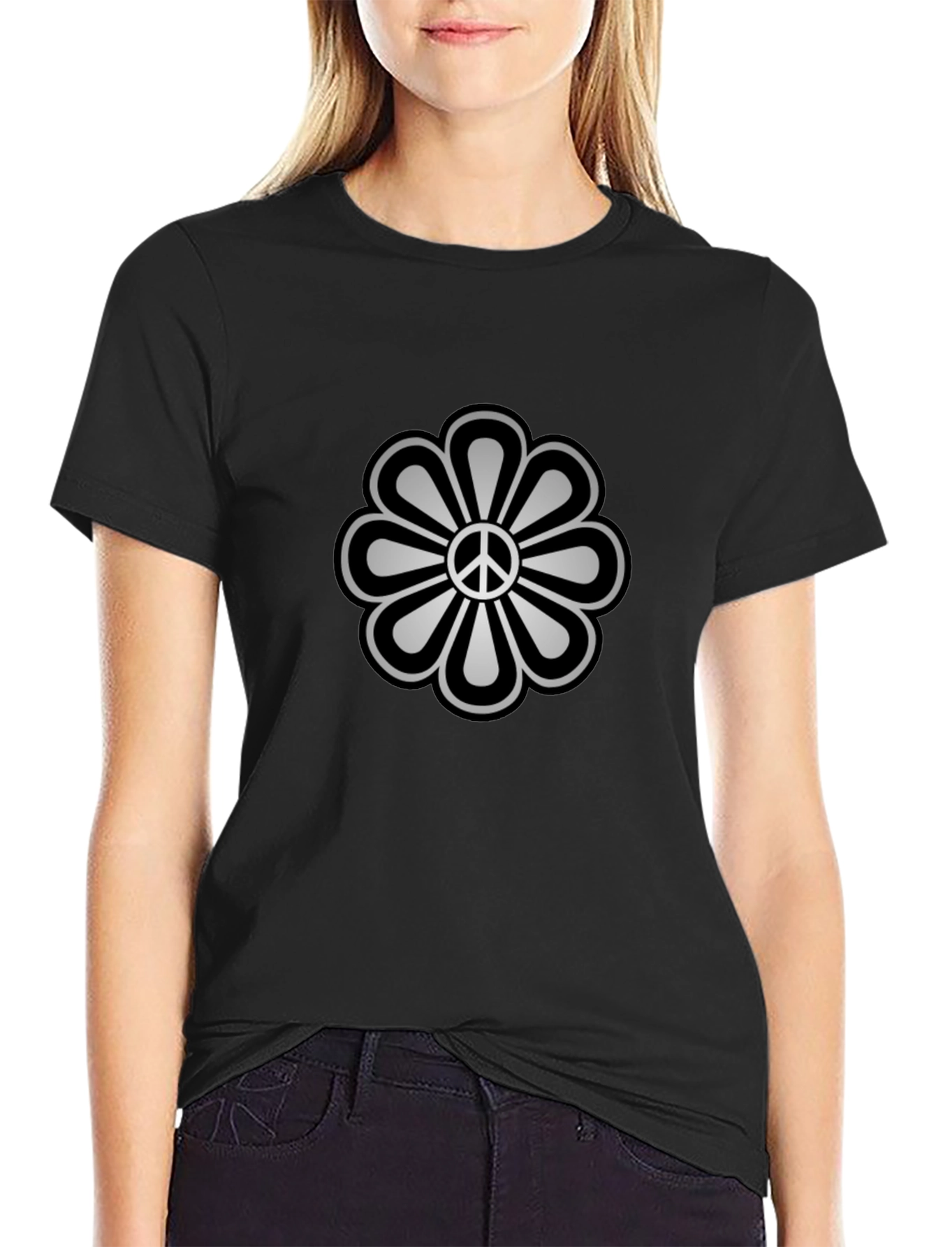 Peace Flower Graphic Tee - Black Cotton Blend