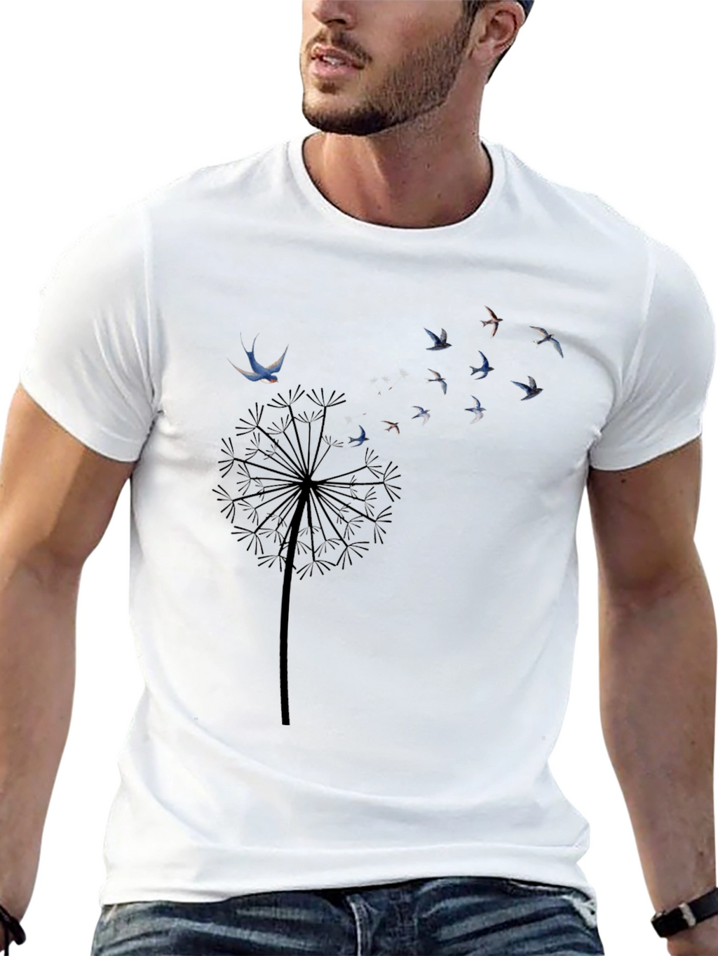 Dandelion Bird Print Black T-Shirt