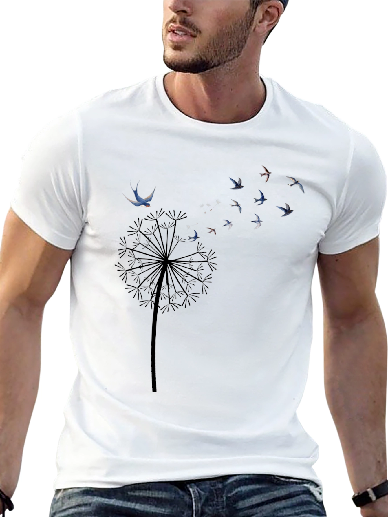 Dandelion Bird Print Black T-Shirt