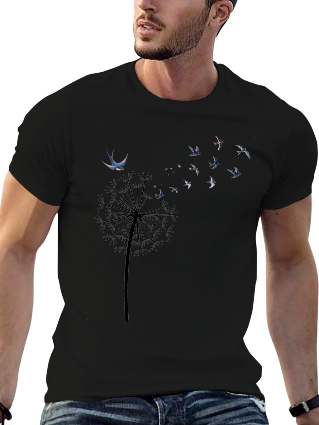 Dandelion Bird Print Black T-Shirt
