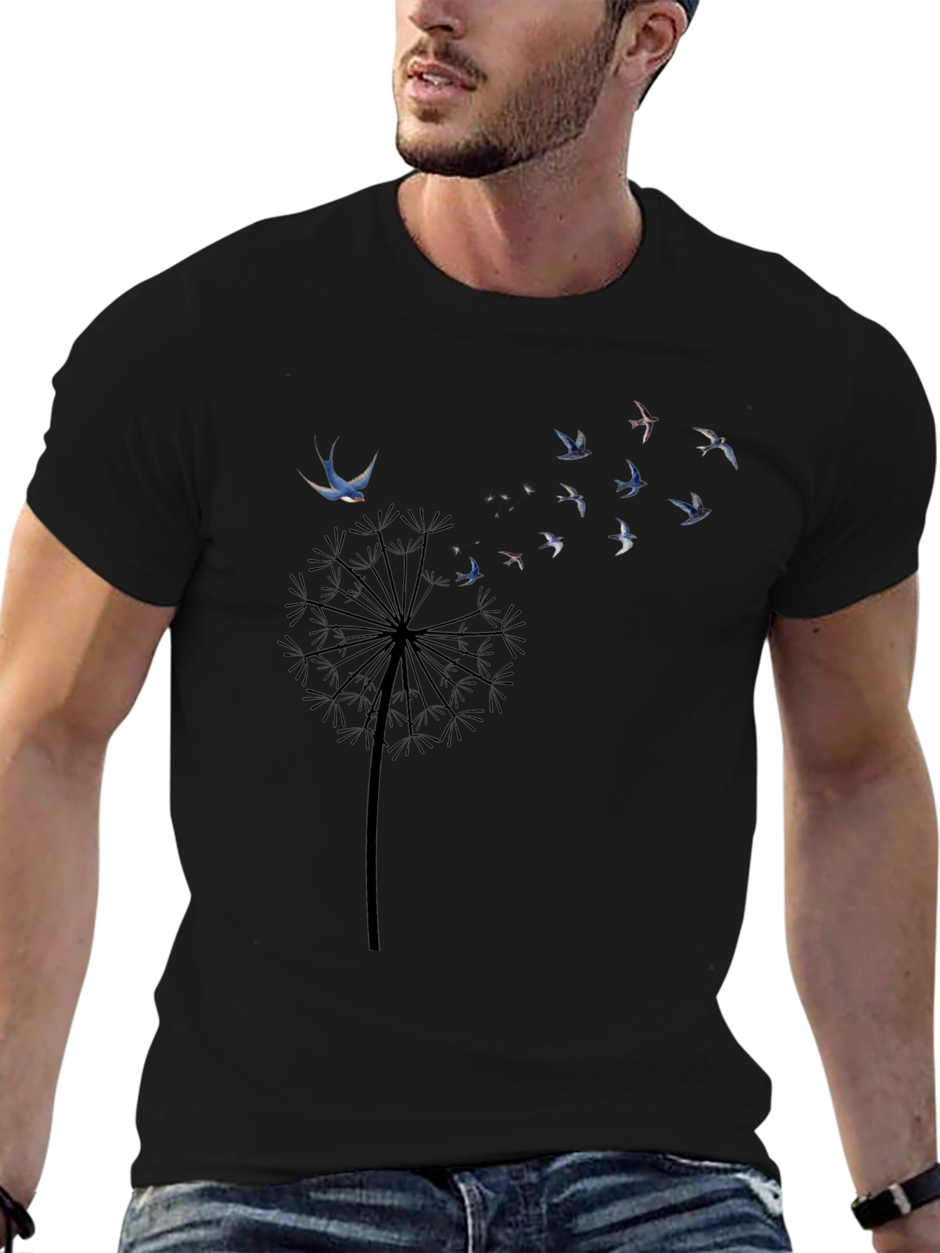 Dandelion Bird Print Black T-Shirt