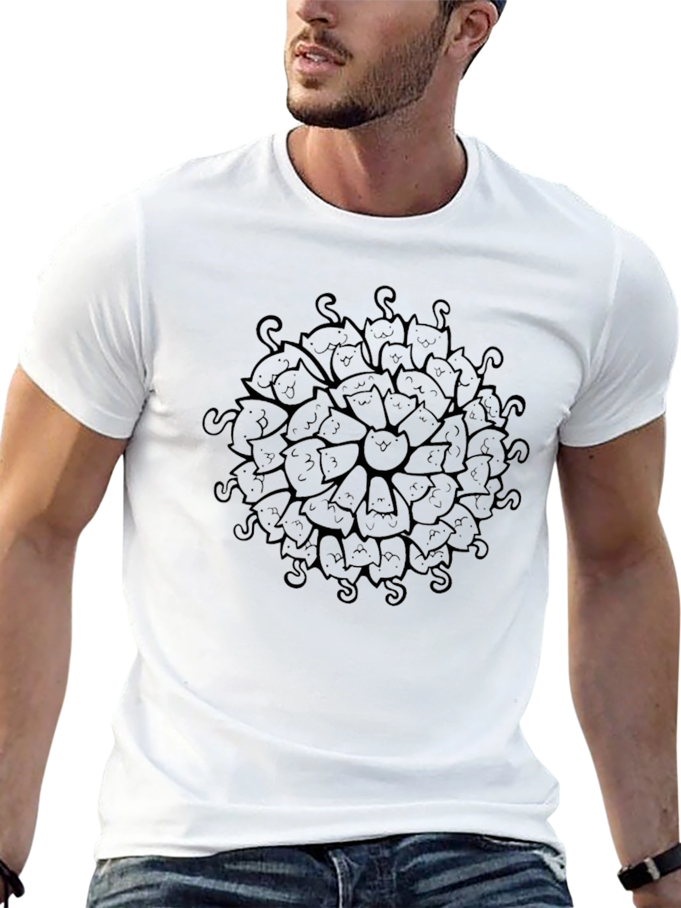 Cool Cat Mandala Graphic Black T-Shirt