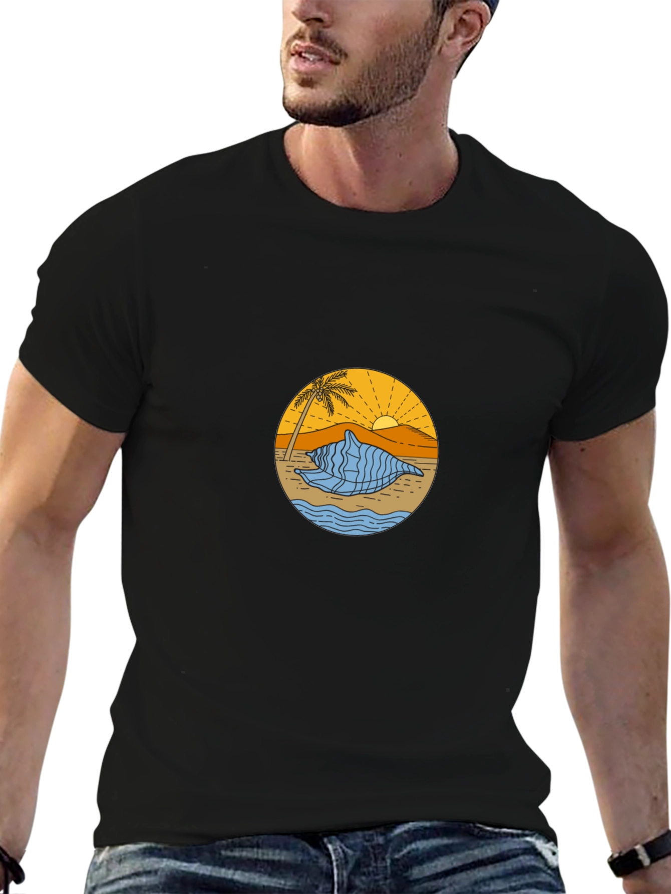 Black T-Shirt with Beach Shell Graphic