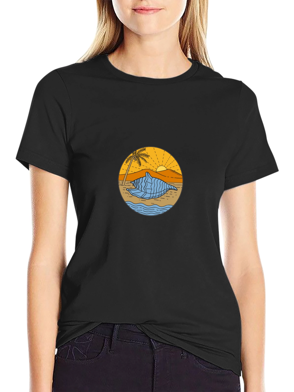 Black T-Shirt with Beach Shell Graphic