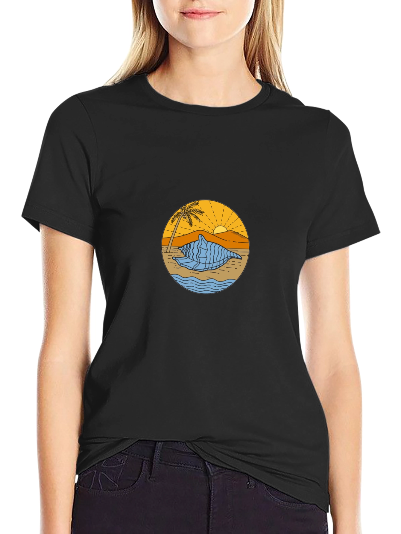 Black T-Shirt with Beach Shell Graphic