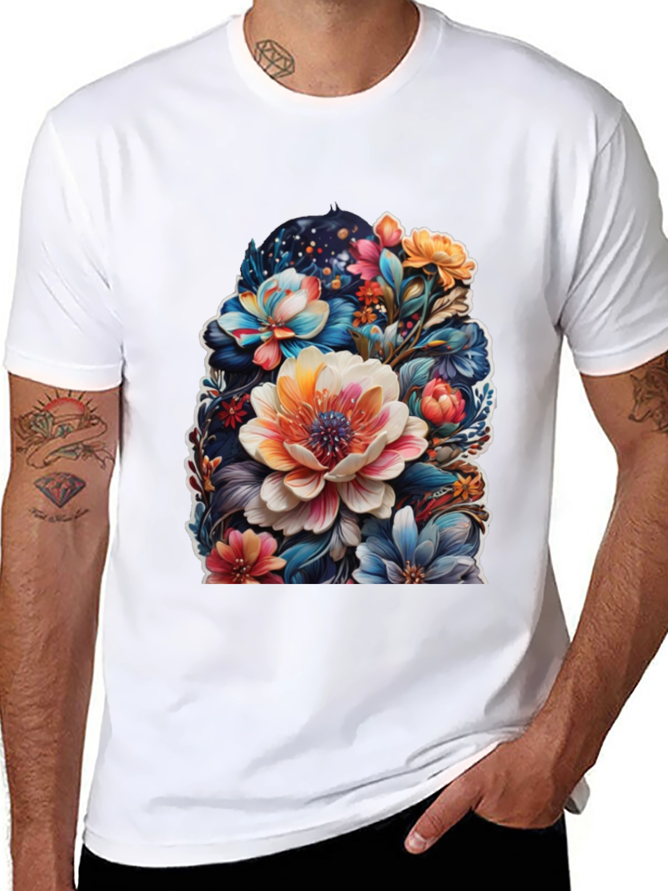 Floral Print T-Shirt - Bold Colorful Flowers Design