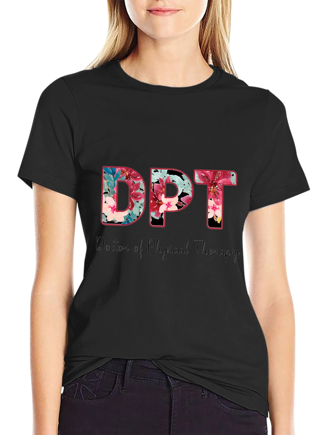 Floral DPT Doctor of Physical Therapy Black T-Shirt